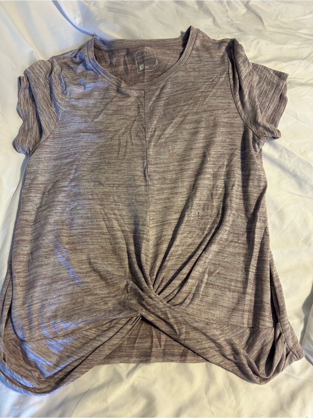 STYLUS Twist-Front Short Sleeve Top in lavender Stripe